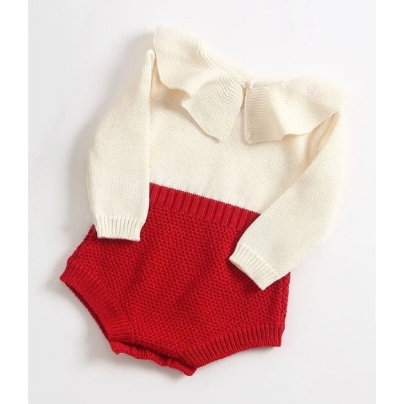 Isabella Romper Other - Isabella romper Red Cream Knit Ruffle Collar Long Sleeve Cotton One Piece